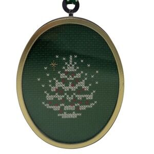 Counted Cross Stitch Ornament Christmas Tree Completed Framed Hangs Four Inches